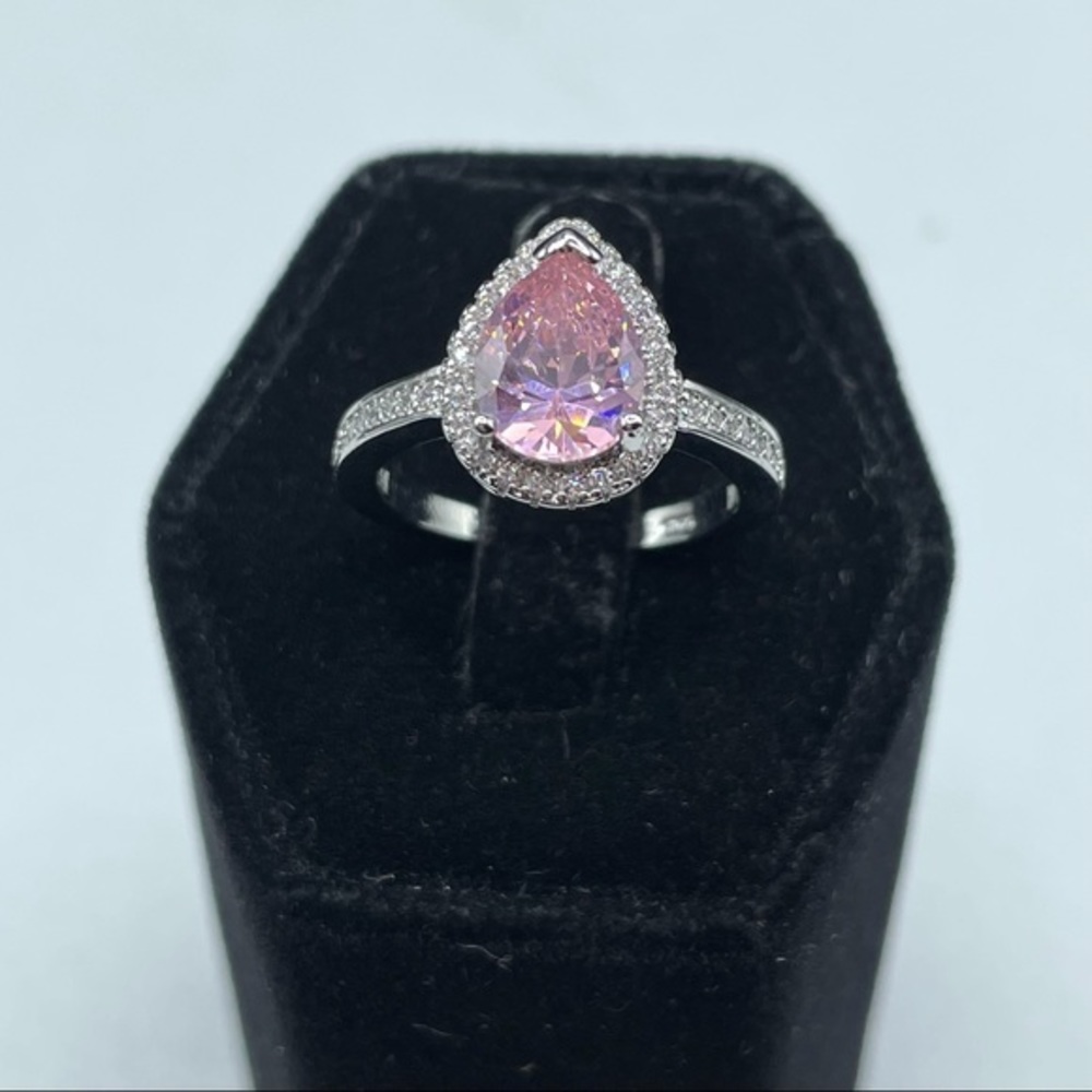 Beautiful Cute Pear Cut Halo Pink Sapphire White Diamond CZ Silver Plated Ring